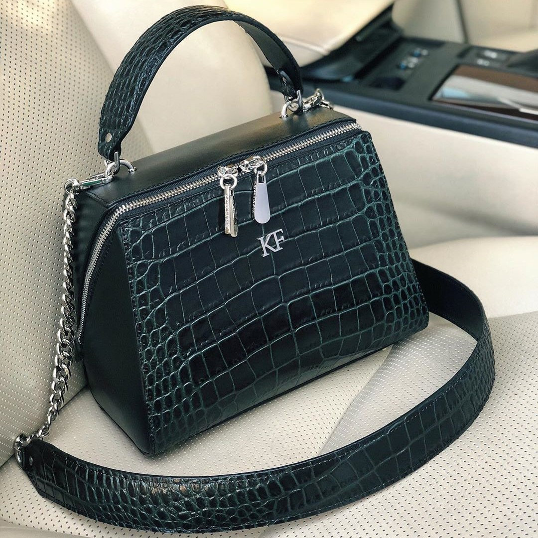 Leather Top Handle Bag, Black/Green Leather Handbag Top Handle, Women's Leather Bag KF-3180 - Image 7