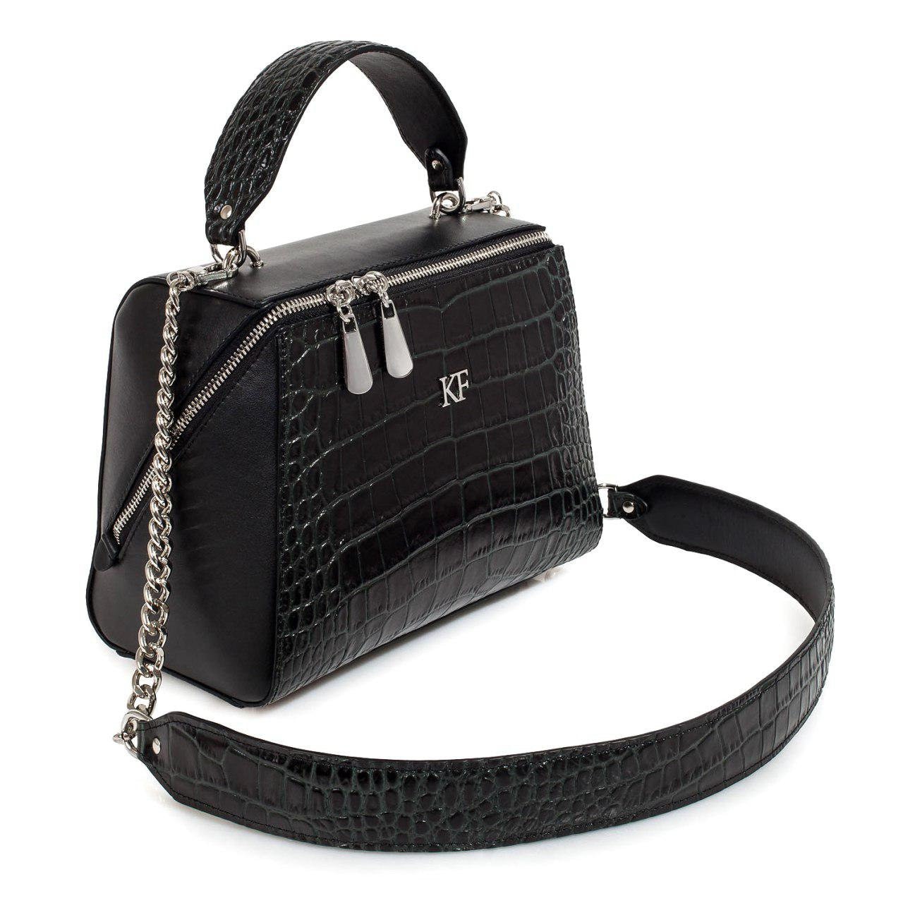Leather Top Handle Bag, Black/Green Leather Handbag Top Handle, Women's Leather Bag KF-3180 - Image 2