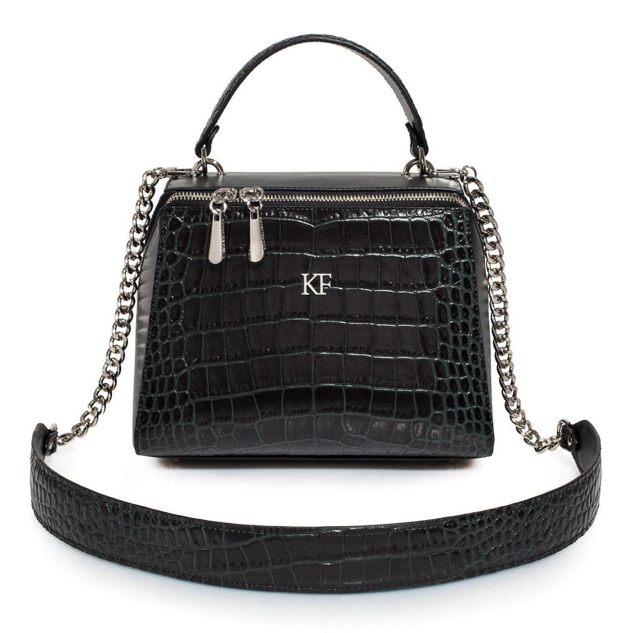 Leather Top Handle Bag, Black/Green Leather Handbag Top Handle, Women's Leather Bag KF-3180