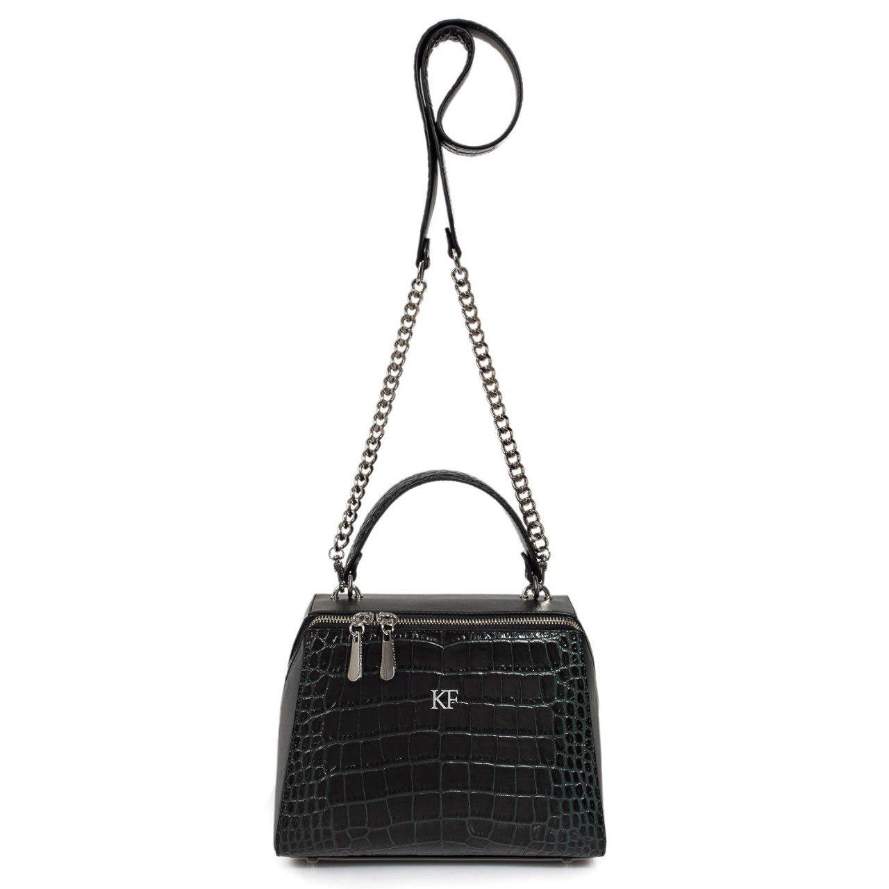 Leather Top Handle Bag, Black/Green Leather Handbag Top Handle, Women's Leather Bag KF-3180 - Image 3
