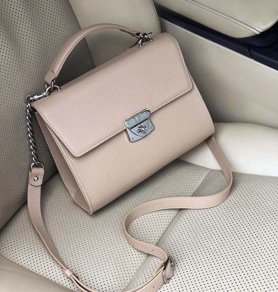 Leather Cross body Bag, Beige Leather Shoulder Bag, Women's Leather Crossbody Bag, Leather bag KF-3691 - Image 7