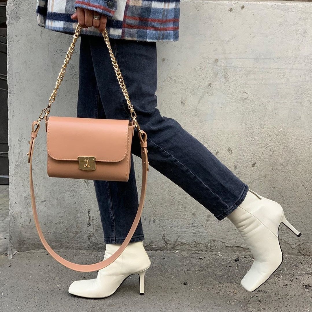 Leather Cross body Bag, Beige Leather Shoulder Bag, Women's Leather Crossbody Bag, Leather bag KF-3870 - Image 6