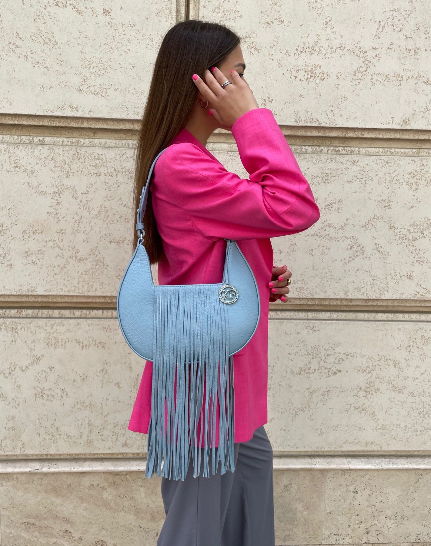 Leather Shoulder Bag, Blue Leather Shoulder Bag, Leather bag KF-4312