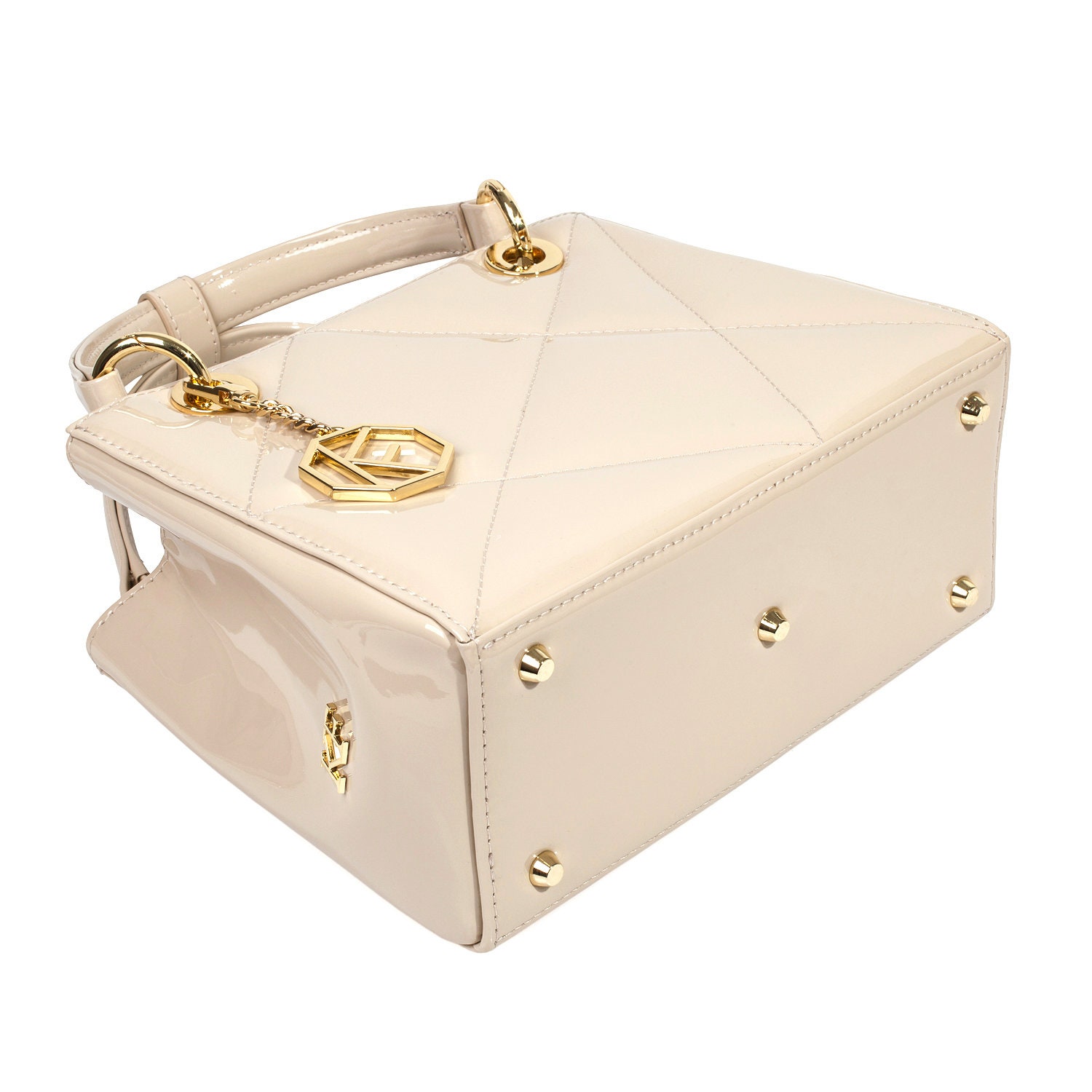 Leather Top Handle Bag, Beige Patent Leather Handbag, Women's Leather Bag KF-5048 - Image 4