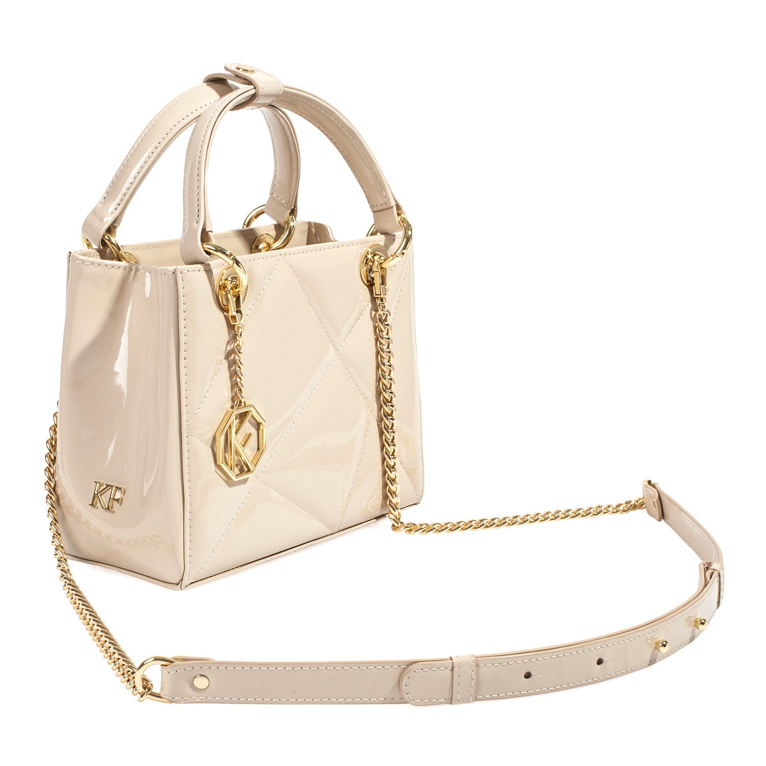 Leather Top Handle Bag, Beige Patent Leather Handbag, Women's Leather Bag KF-5048 - Image 3